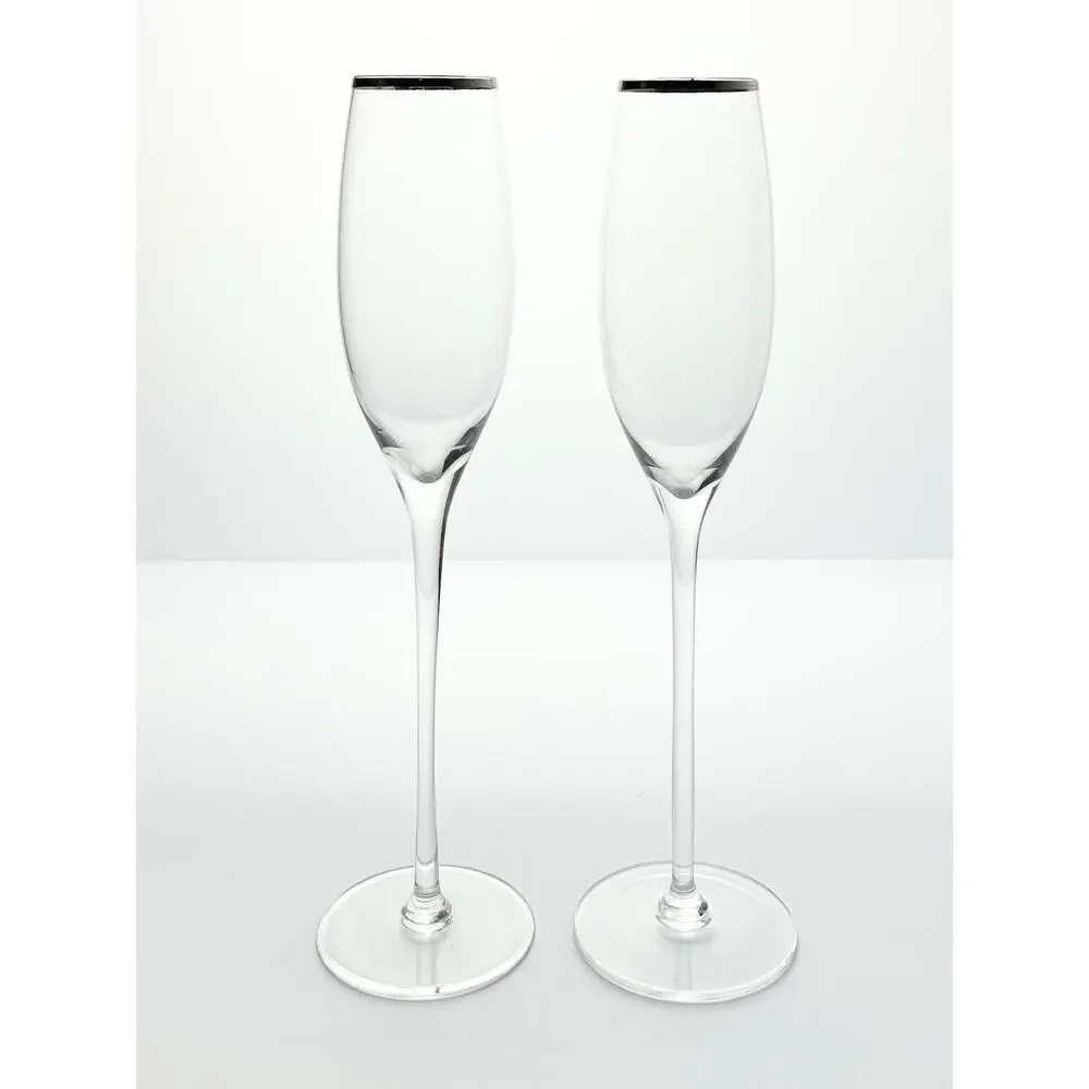 Pair of Contemporary Tall Fluted Silver Rim Champagne Glasses 11” 8oz